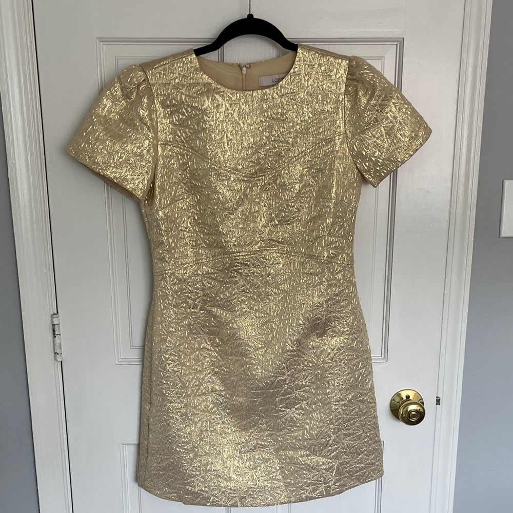 LOFT Metallic Gold Textured Shift Dress